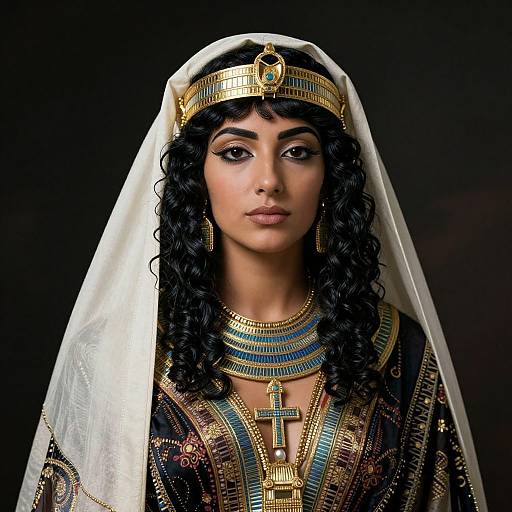 Photograph of a dark-haired woman with curly hair, wearing an Egyptian-style headdress, gold crown, blue and gold necklace, and veil, set