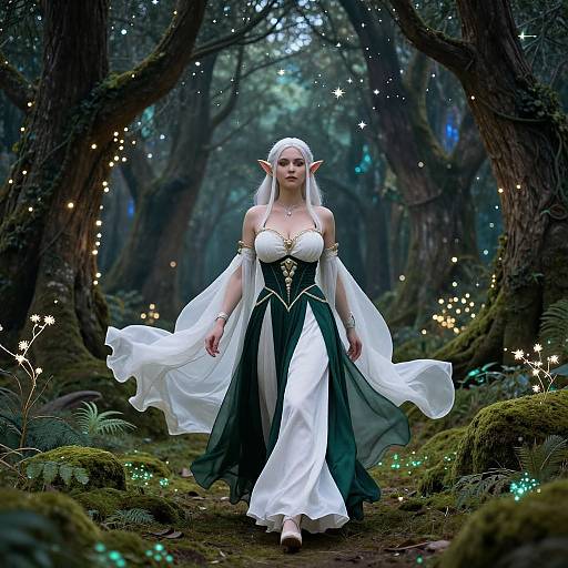 Digital artwork of an ethereal elf woman with long white hair, pointed ears, in a green and white flowing dress, walking through a mystical forest illuminated