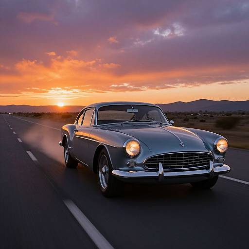 Photograph of a classic silver vintage car driving on a deserted road at sunset, with vivid orange and purple clouds in the sky.