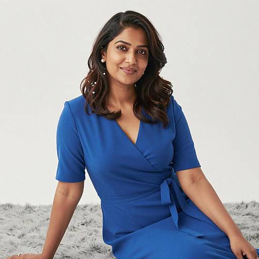 Photograph of a smiling Indian woman with medium brown skin and wavy black hair, wearing a vibrant blue V-neck dress, seated on a fluffy white