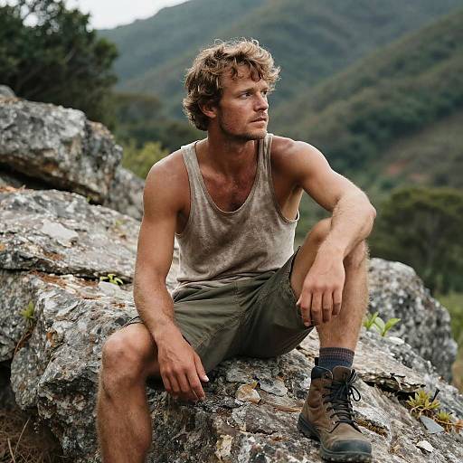 Photograph of a muscular, brown-haired, bearded man in a dirty tank top and olive shorts, sitting on rocky terrain, mountainous forest background