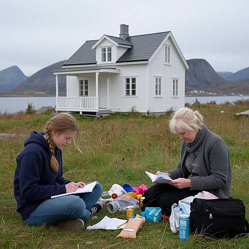 Photograph of two women, one with braided blonde hair, one with short blonde hair, sitting on grass, writing and packing, in front of