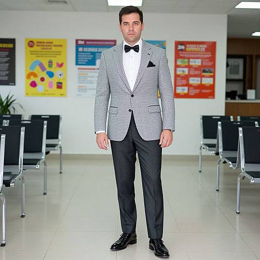Photograph of a handsome man in a gray checkered blazer, black bow tie, white shirt, and black pants, standing in a modern waiting