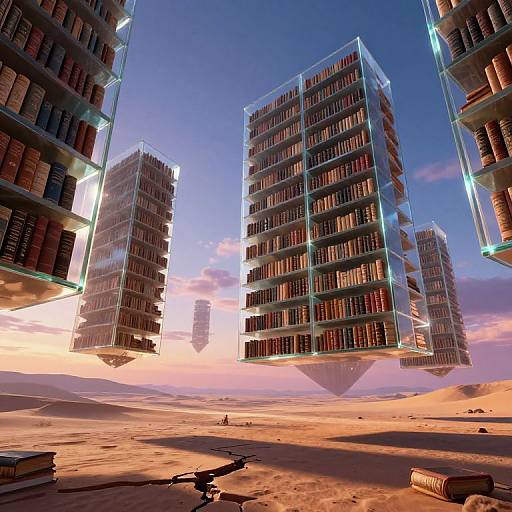 Surreal Floating Library in Alien Desert