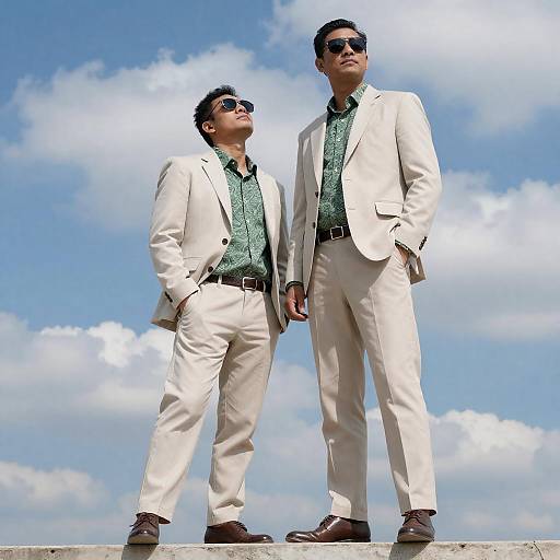 Stylish Duo Against a Cloudy Sky