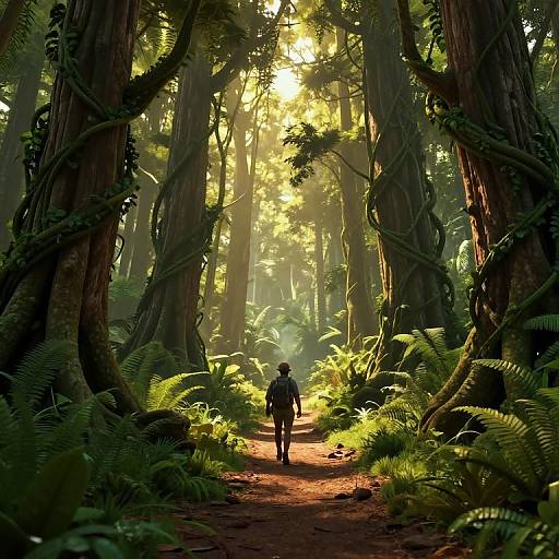A lone hiker walks down a sunlit forest path, surrounded by towering redwoods, lush ferns, and dappled sunlight filtering through the