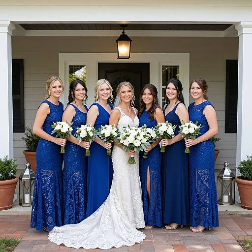 Photograph of six smiling bridesmaids in blue lace dresses and a bride in a white lace gown, holding white and green bouquets, standing on a