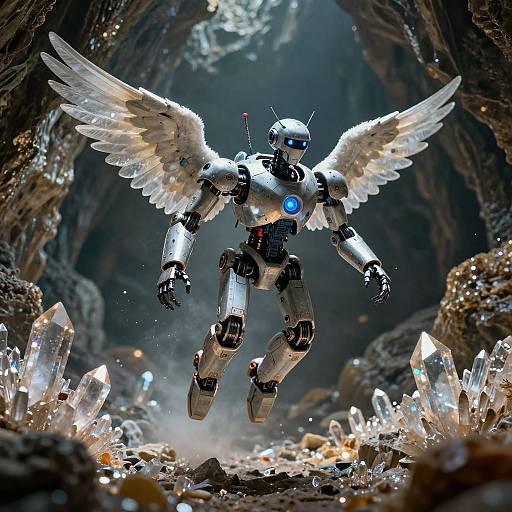 Digital artwork of a glowing, white winged robot with blue eyes and light blue chest light, flying through a cavern filled with radiant crystals.
