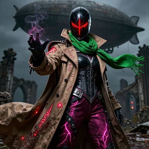 Cyber-vampire warrior with glowing red eyes, black helmet, green scarf, tan coat, and neon-pink armor, conjures purple smoke in