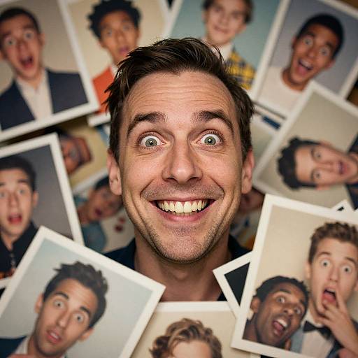 Photograph of a smiling man with wide eyes, surrounded by multiple photos of himself making various surprised and excited expressions.
