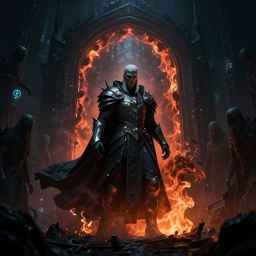 Digital artwork of a bald, armored figure with a fiery archway behind, surrounded by shadowy, hooded figures in a dark, gothic setting