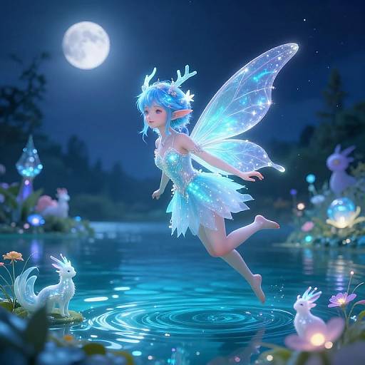 Digital fantasy artwork of a glowing blue fairy with translucent wings, moonlit, jumping into a luminous lake with ethereal creatures.