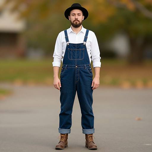Photograph of a bearded man with a black hat, white shirt, blue denim overalls, and brown boots standing on a suburban street.