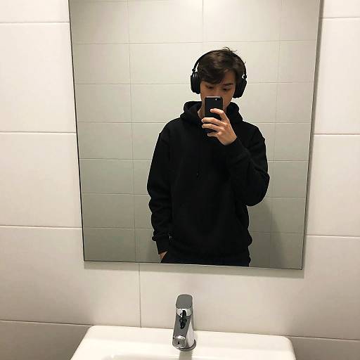 Photograph of a young man with dark hair, wearing black headphones and a black hoodie, taking a mirror selfie in a white-tiled bathroom.