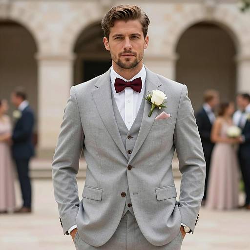 Groom in Gray Three-Piece Suit with Burgundy Bow Tie