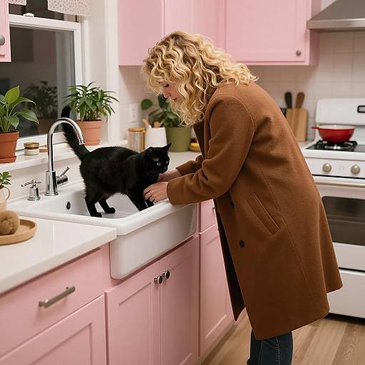 Cozy Kitchen Scene with Woman and Cat