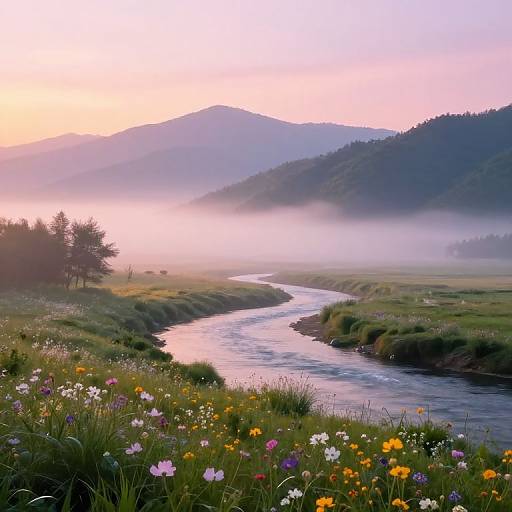 Photograph of a serene, misty sunrise landscape featuring a winding river, colorful wildflowers, green hills, and distant mountains under a pastel sky