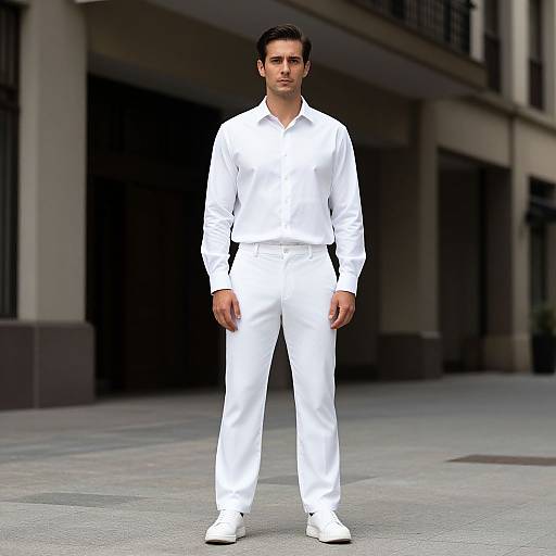 Photorealistic digital image of a handsome man with dark hair, wearing a crisp white long-sleeve shirt and matching pants, standing confidently in an