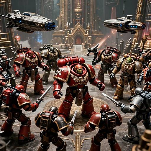 CGI image of an intense robot battle in a futuristic, cathedral-like city. Red and black robots with glowing eyes and weapons clash, surrounded by flying