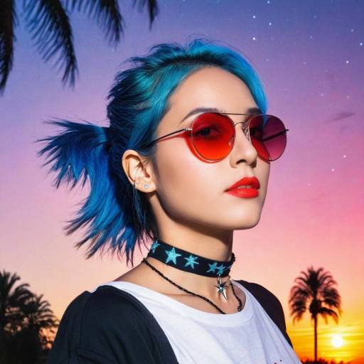Girl with Blue Hair Under Starry Sky