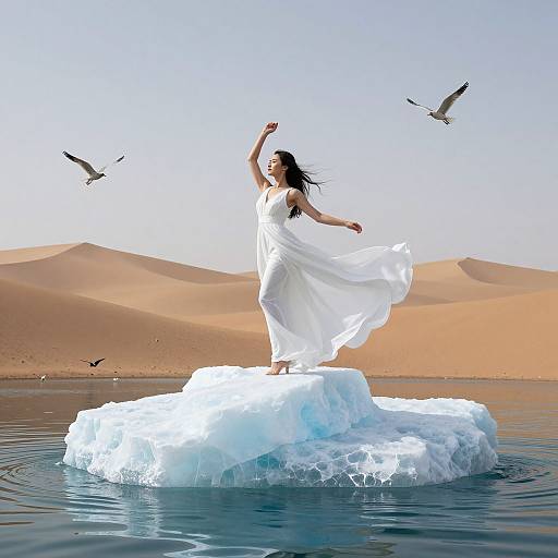Photograph of a woman in a flowing white dress standing on an ice floe, arm raised, surrounded by desert sand dunes, with birds flying