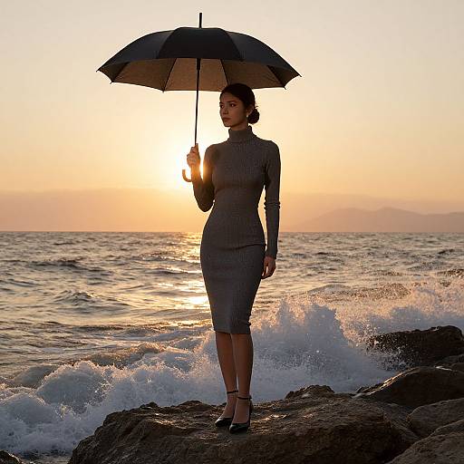 Photograph of a woman in a grey turtleneck dress and black heels, holding a black umbrella, standing on rocky shore at sunset, waves crashing