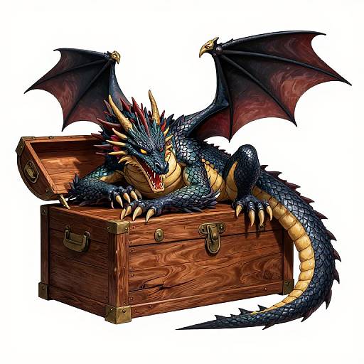 Digital drawing of a blue, scaly dragon with red eyes, sharp teeth, and black wings, resting inside an open wooden treasure chest with brass hinges