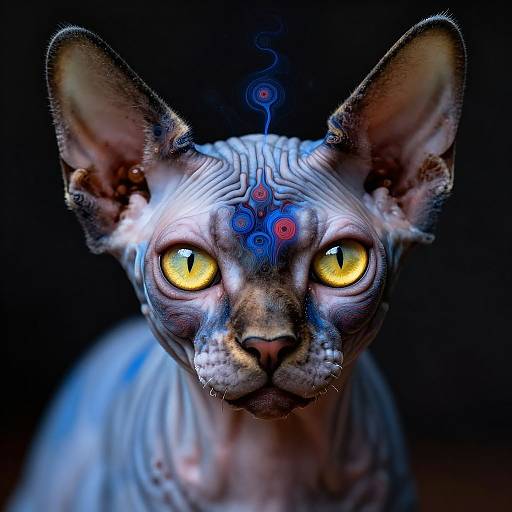 Hyper-realistic digital painting of a blue and silver Abyssinian cat with glowing yellow eyes, intricate blue patterns on its forehead, and a dark background