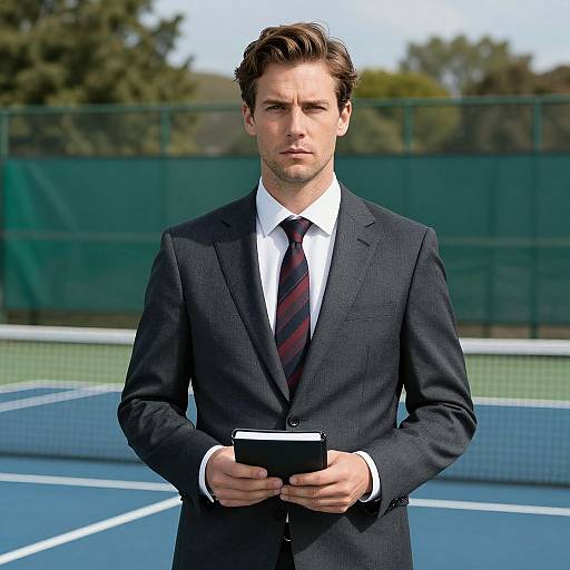 Photograph of a serious, handsome man in a dark suit, white shirt, and red striped tie, holding a black book, standing on a blue