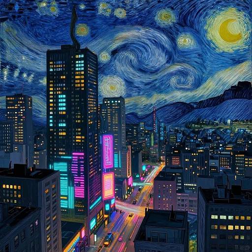 Vibrant digital artwork blending Van Gogh's 