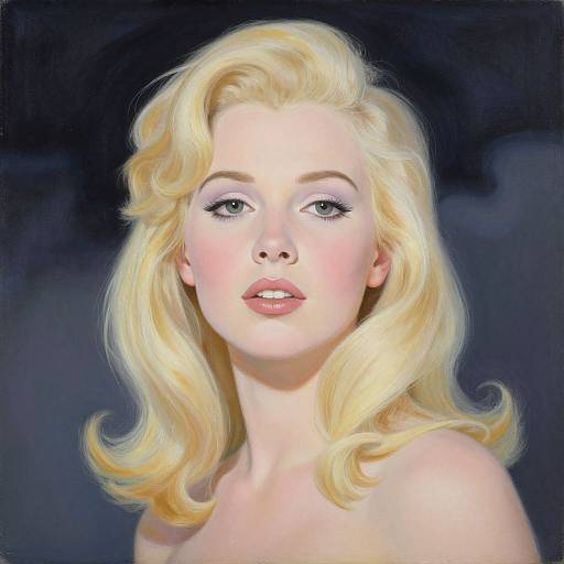 Digital painting of a fair-skinned, blonde woman with wavy hair, blue eyes, pink lips, and a neutral expression against a dark background.
