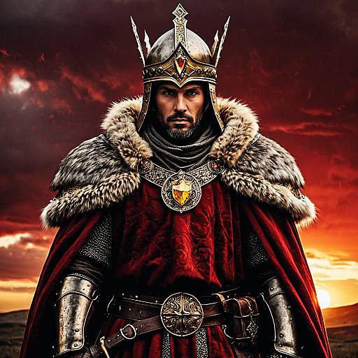 Fierce Warrior King Under Blood Red Sky