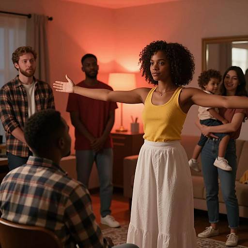 Confident Woman Gesturing in Living Room with Group