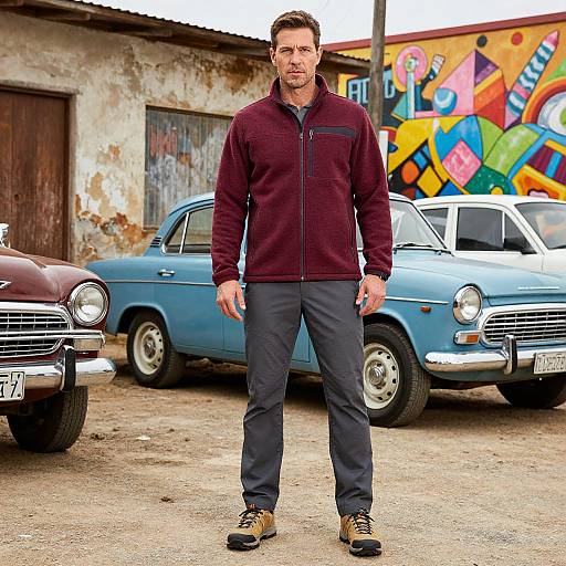 Photograph of a middle-aged man with short brown hair, wearing a maroon zip-up jacket and dark pants, standing in front of vintage cars and