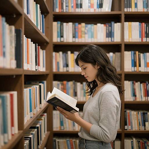 Photograph of an Asian woman with wavy black hair, wearing a gray sweater, reading a book in a library with wooden shelves filled with colorful books