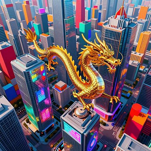 Digital art of a vibrant, golden dragon soaring between colorful, neon-lit skyscrapers in a futuristic cityscape, creating a dynamic, energetic scene