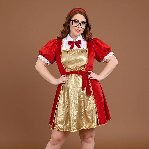 Photograph of a curvy woman with fair skin, glasses, and brown hair, wearing a red and gold maid costume with a red headband,