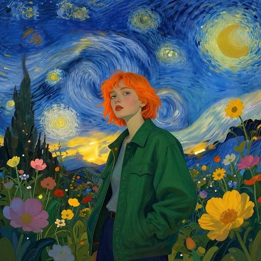 Digital artwork of a red-haired woman in a green jacket standing in a colorful, starry field of flowers, reminiscent of Van Gogh's 