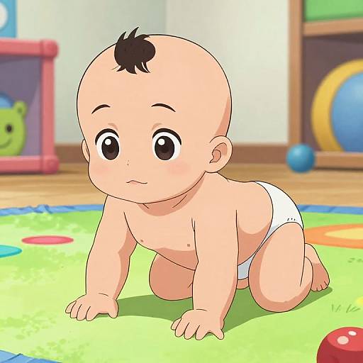 Digital anime-style drawing of a bald baby with black hair tuft, wearing white diaper, crawling on green play mat in colorful playroom.