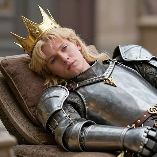 Photograph of a young blonde woman in silver medieval armor and gold crown, reclining on a brown cushion with a weary expression. Background shows blurred stone