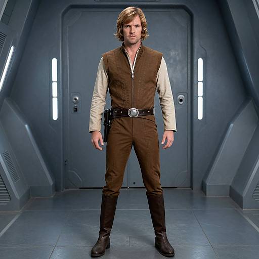 Photograph of a Caucasian man with medium-length brown hair, wearing a brown vest, beige shirt, black belt, and brown pants, standing in a