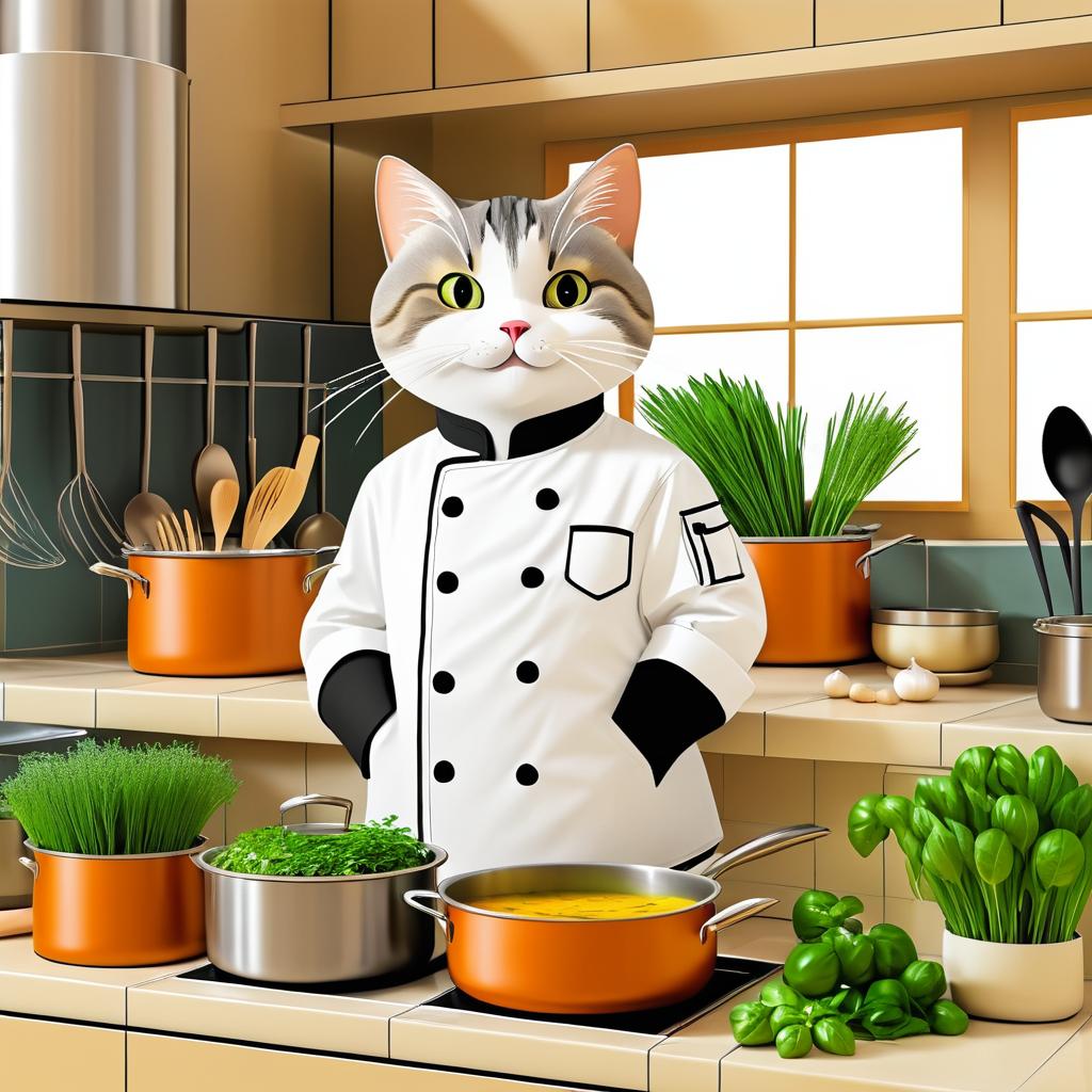 Whimsical Cartoon Cat Chef in Kitchen