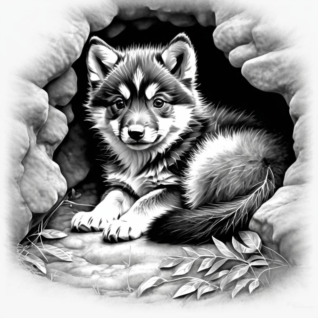 Intricate Black and White Wolf Pup Sketch