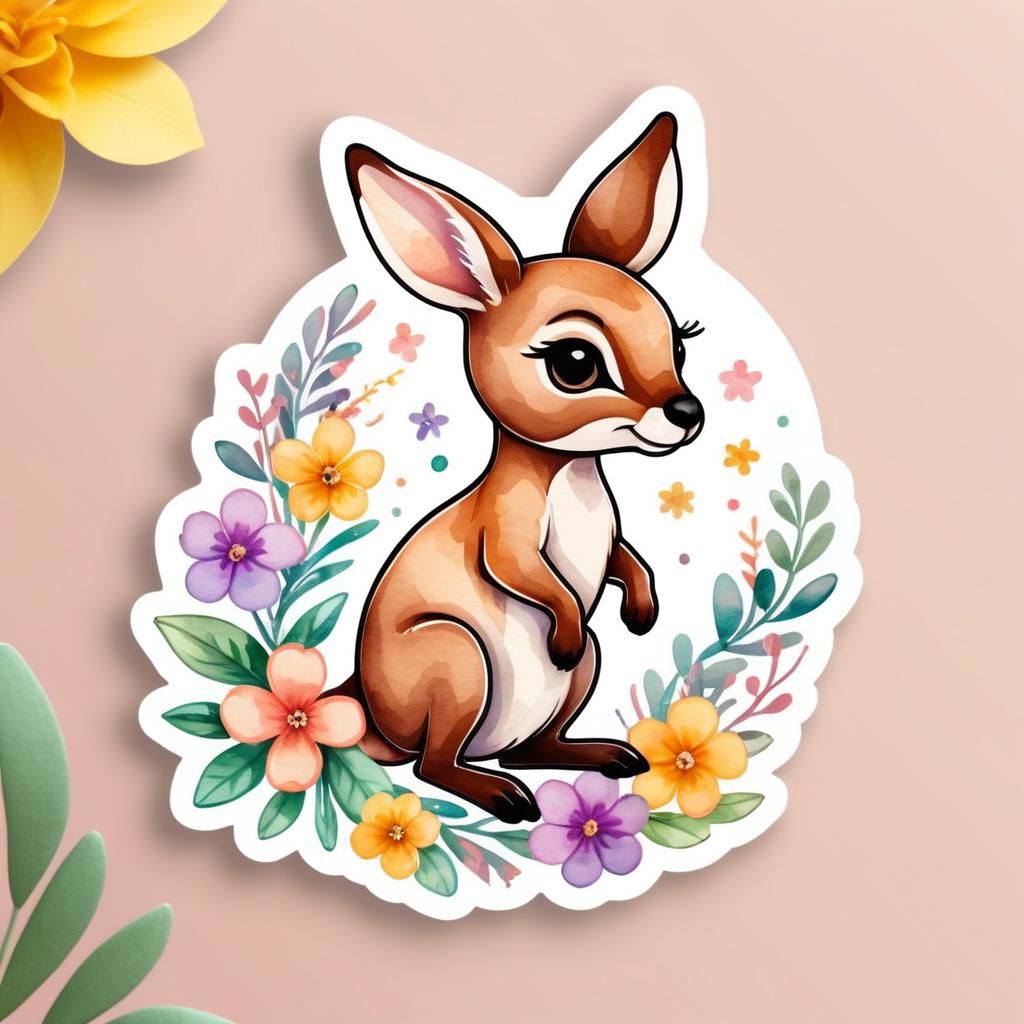 Kawaii Watercolor Kangaroo Sticker Design