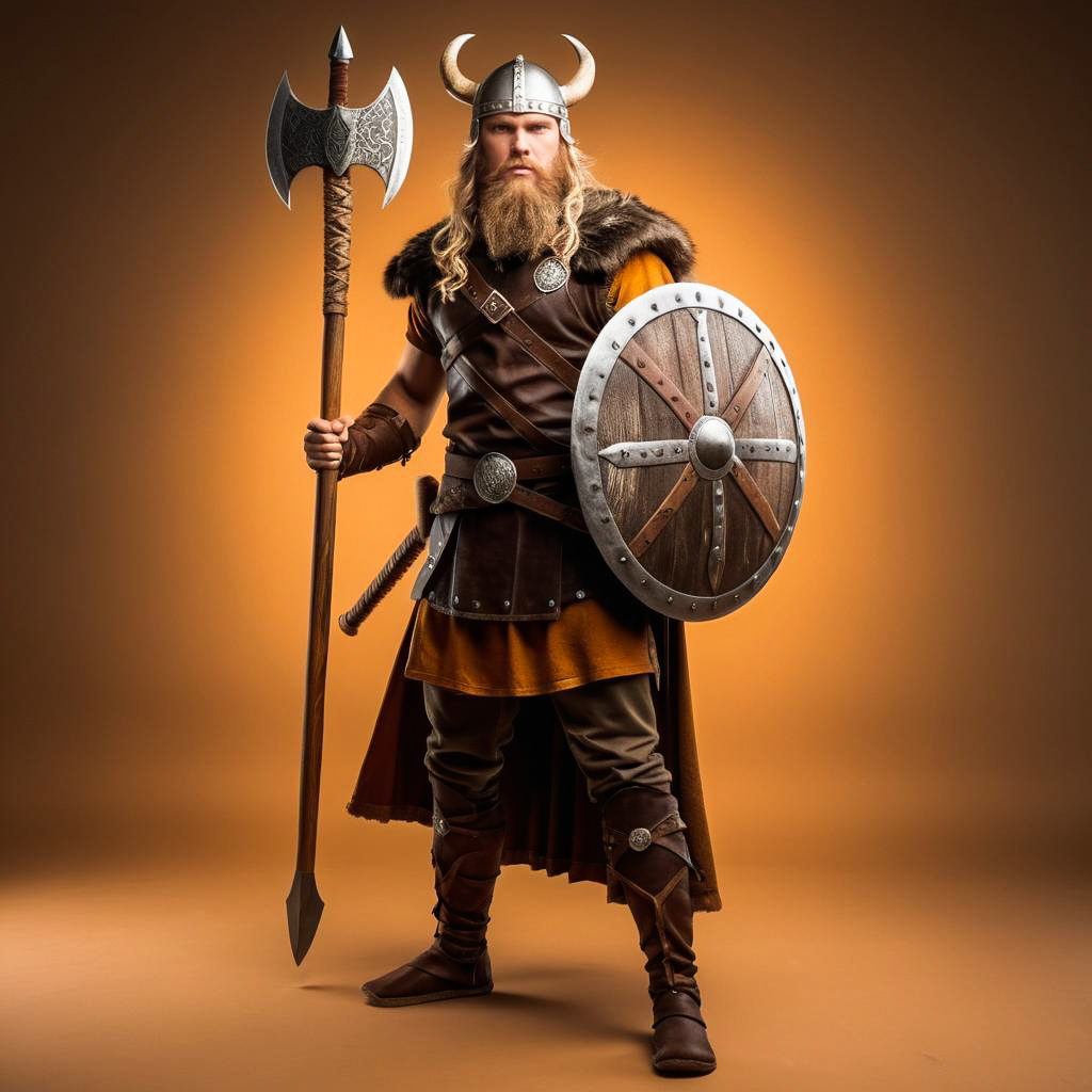 Excited Young Viking in Warrior Costume