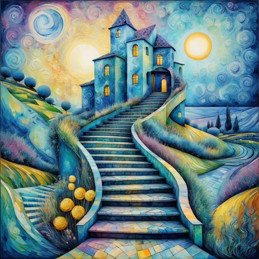 Surreal Staircase: Van Gogh and Chagall Inspired