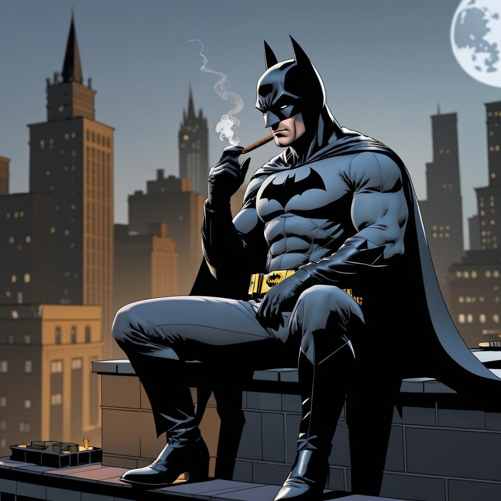 Batman Enjoys a Cigar on Rooftop