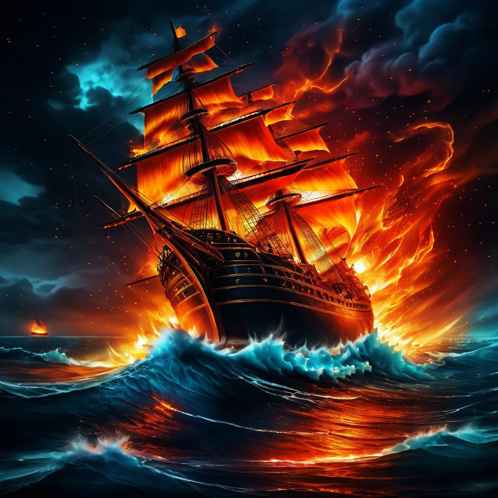 Dramatic Fire Painting of a Burning Ship