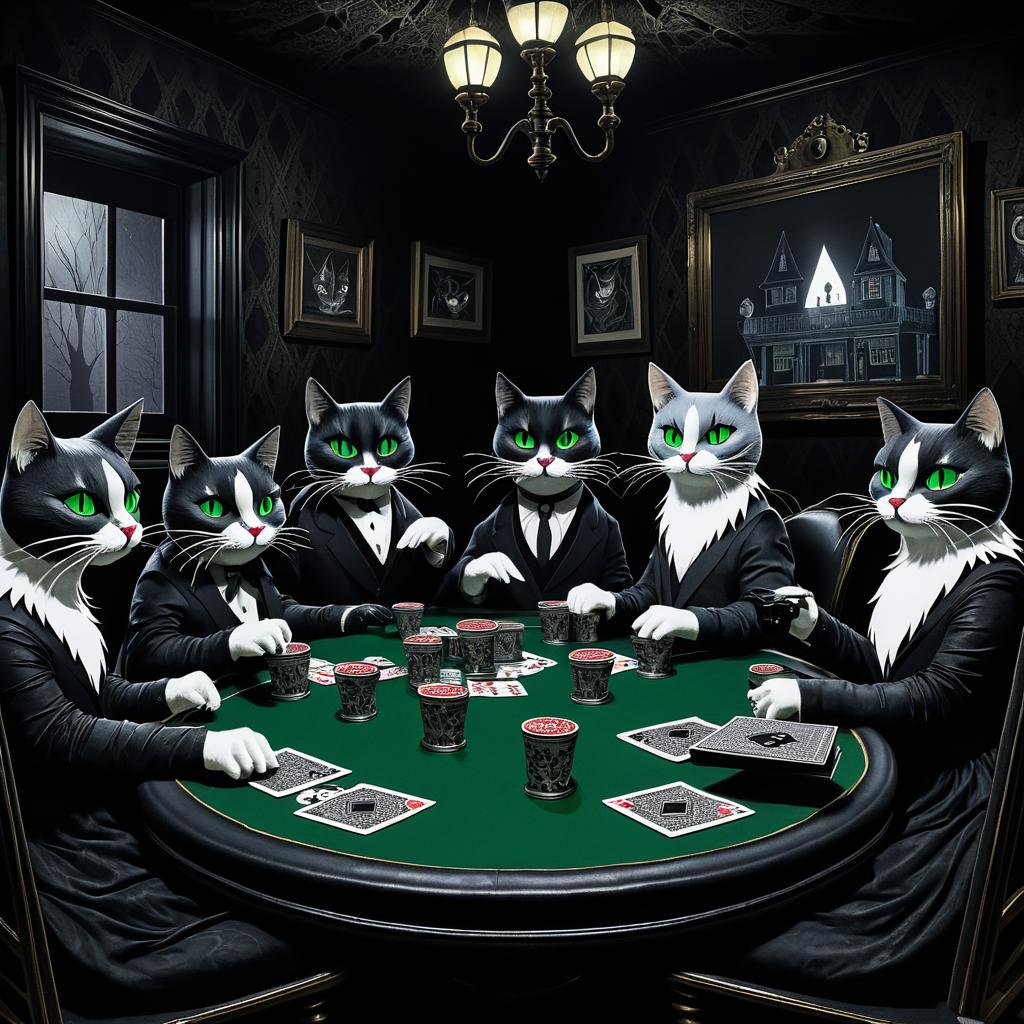 Ghostly Cats Playing Poker in Attic