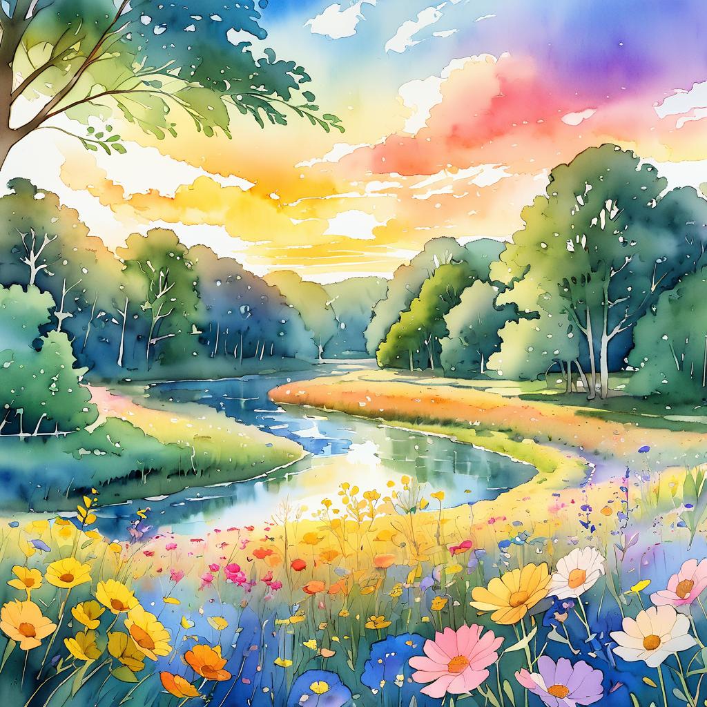 Vibrant Riverbend with Wildflowers in Watercolor